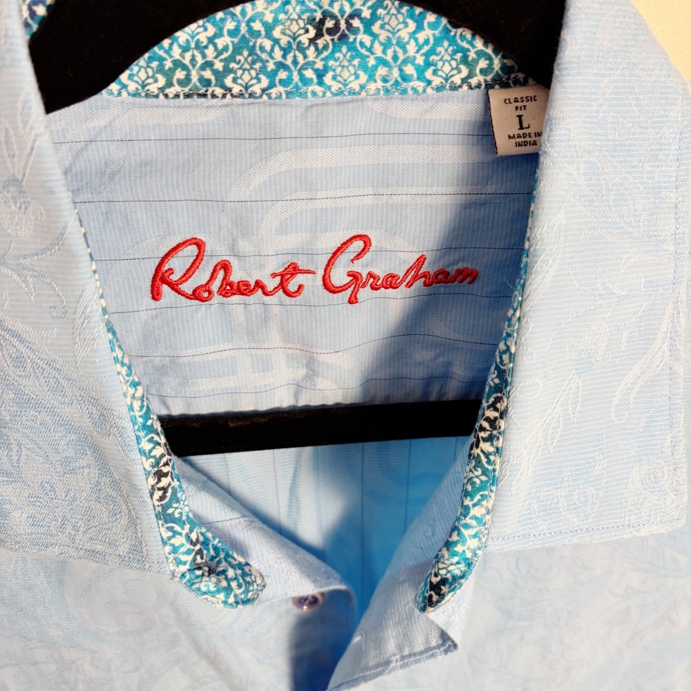 Robert Graham Shirt Mens L Blue Paisley Short Sleeve Classic Fit Jacquard Cotton - Picture 8 of 10